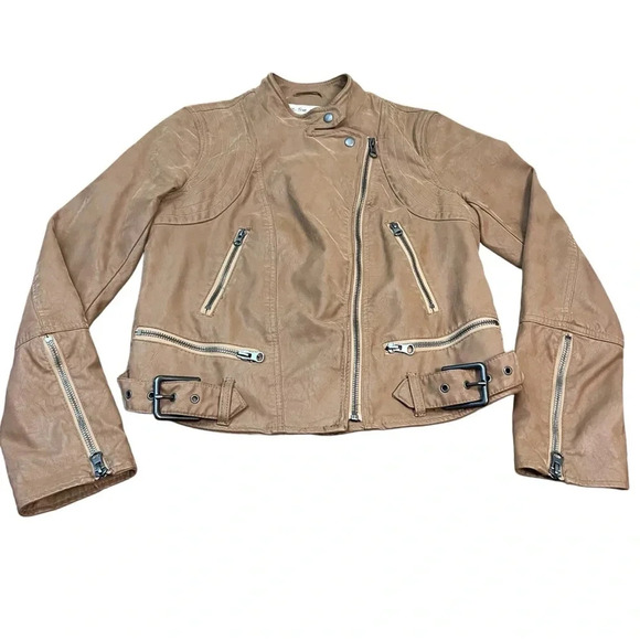 We The Free Jackets & Blazers - We The Free Tan Faux Leather Moto Jacket – Buckle & Zipper Detail – Size M